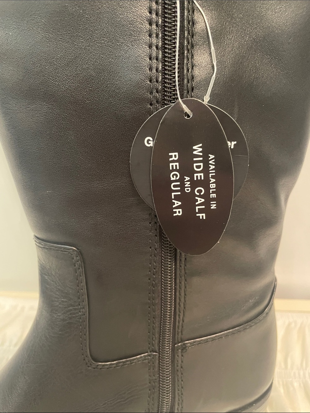 INC Black leather Riding Boots, Wide Calf, 18” Tall, 1” heel, side zip top loops - Picture 5 of 16
